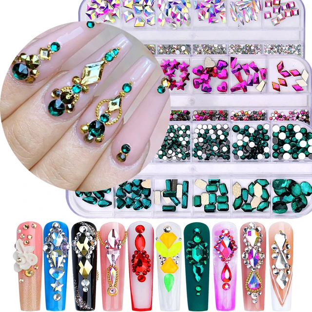 12 Grids Crystal Mix Nail Rhinestones for Nails Colored Nail Jewels for  Nail Art Multi Shapes