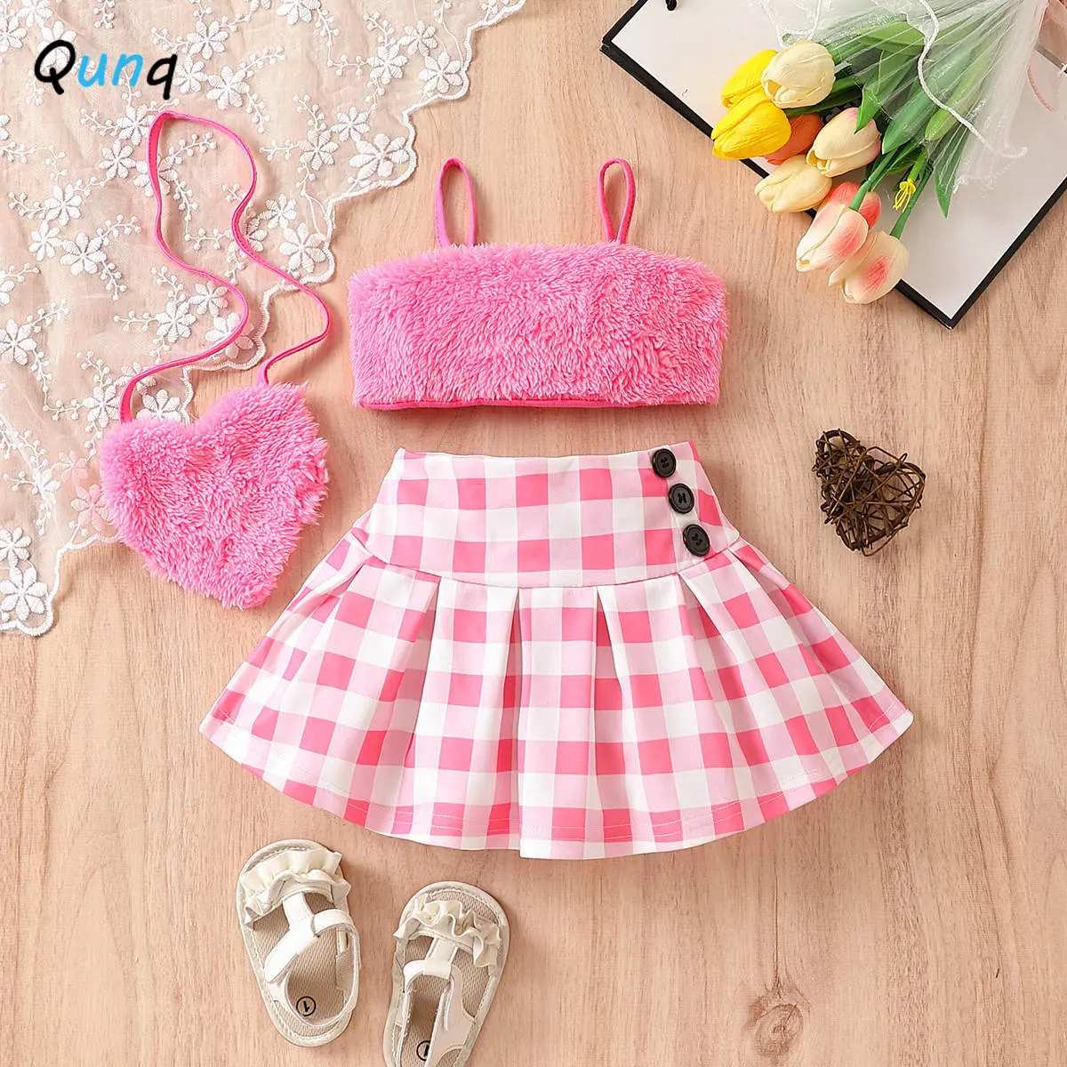 Qunq2023SummerNewGirlsPlushSlingCropTopPlaidPleatSkirtAnd