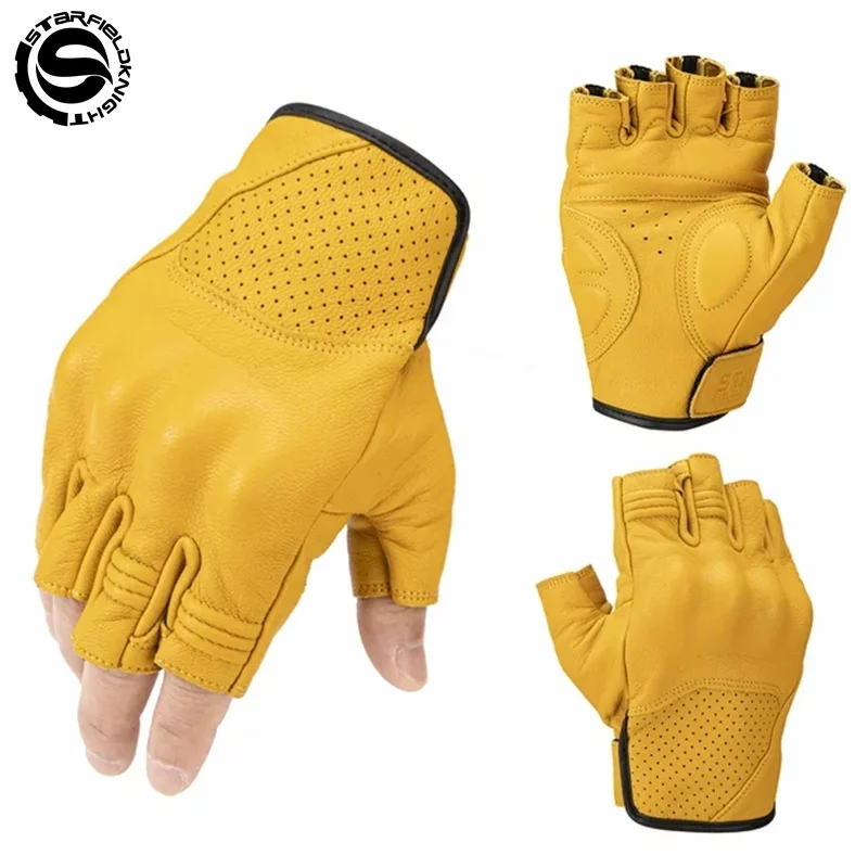

SFK Motorcycle Gloves Half finger Summer Breathable Real Goat Leather Wear-resistant Yellow Motorbike Guantes Riding Equiumpent