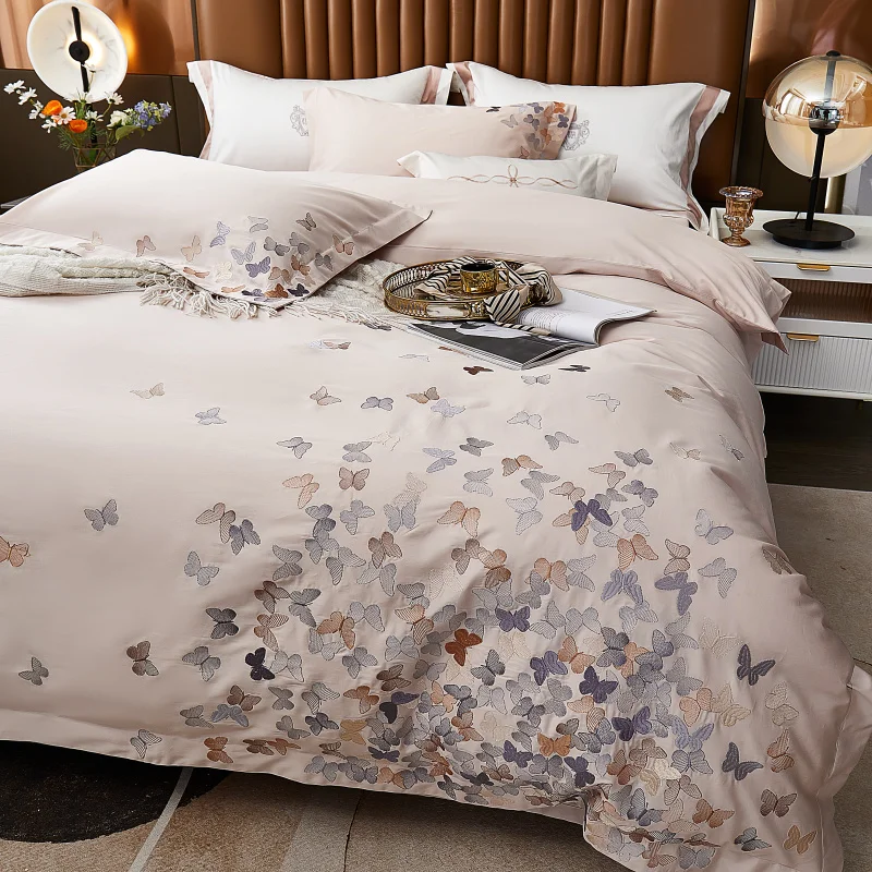 

100TC Egyptian Cotton Bedding Set Euro Style Luxury Bed Sheet Butterfly Embroidery Pattern Quilt Cover King Queen Size Bed Linen