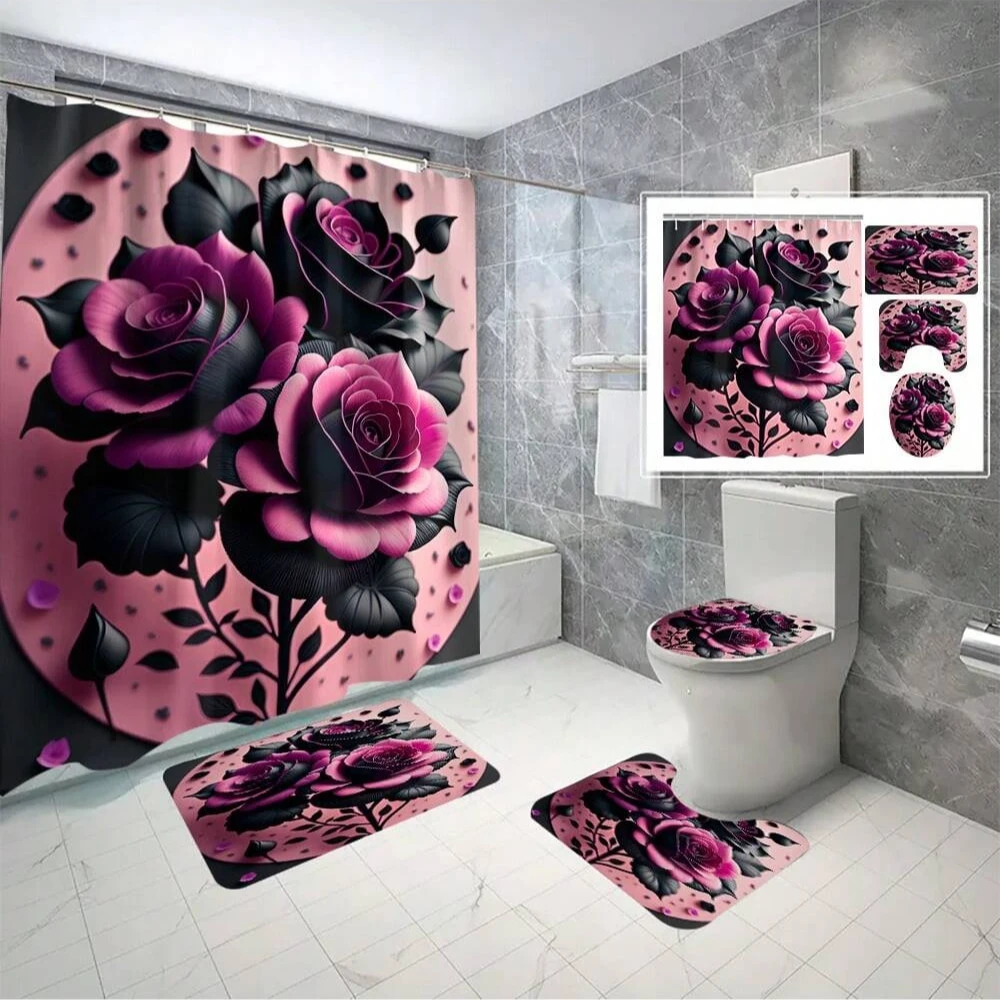 발렌타인 데이 핑크 장미 욕실 세트: 목욕 커튼, 변기 뚜껑 커버, U 자형 러그..