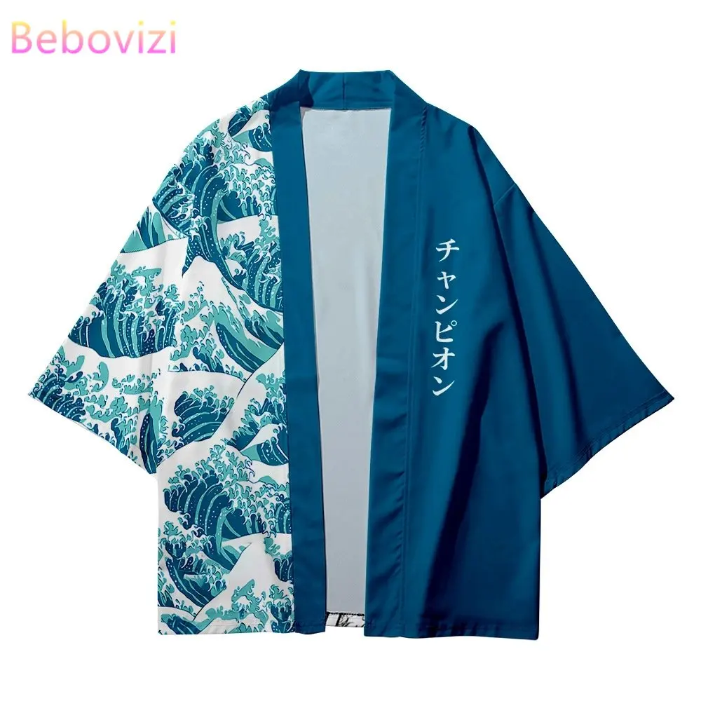 кимоно мужское с принтом кардиган юката рубашка хаори оби одежда в японском стиле одежда самураев Кардиган в японском стиле Самурай, лоскутный хаори оверсайз с волнистым принтом, кимоно в стиле Харадзюку, топ для косплея, юката, одежда