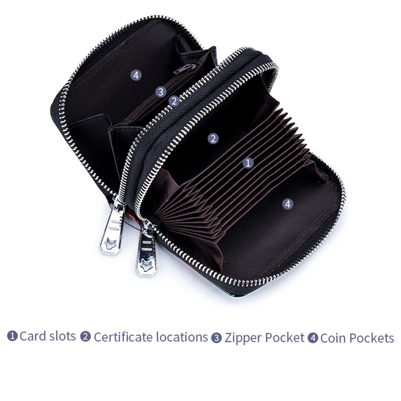Credit Card Holder Wallets for Women RFID Blocking Small Flowers Painted Leather Card Case Wallet Double Zipper Accordion Wallet