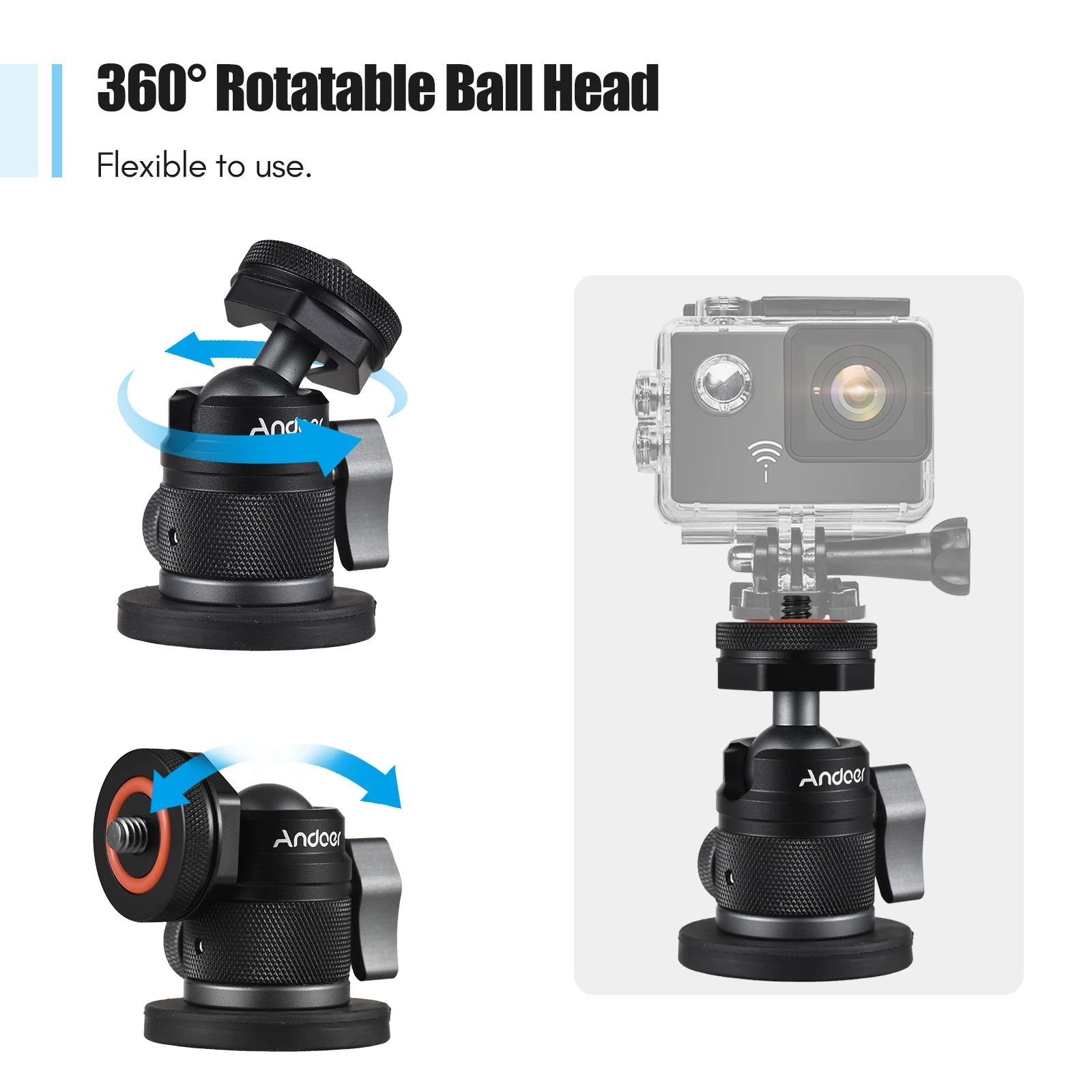 Tripod ball head ball head dual use adapter 1/4 inch screw 360&deg; rotatable with small magnetic base for sports cameras