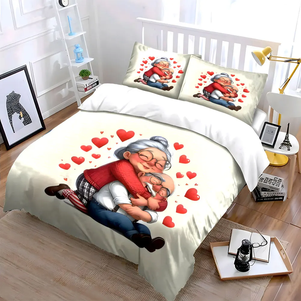 Cute Cartoon Elderly Couple Hug Red Heart Bedding Set,Sweet Old Grandma Grandpa Love Print 1 Duvet Cover + 2 Pillowcase, gift 4
