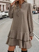 Plus Size 1XL-5XL Women Fashion Print Dress V-neck Casual Long Sleeve Party Flare Sleeve Ruffle Loose Dress - Image 4