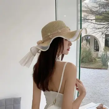 New Foldable Wide-brimmed Girl Straw Pearl Sun Hat Beach Wave Hat UV Protection Travel Hat Lady Beach Hat Birthday Gift