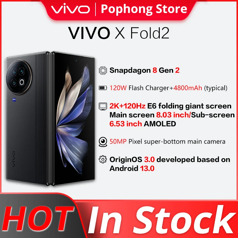 

VIVO X Fold 2 5G Mobile phone 8.03 inch 2K E6 120Hz AMOLED Folded Screen Snapdragon 8 Gen 2 Octa Core 120W SUPERVOOC NFC