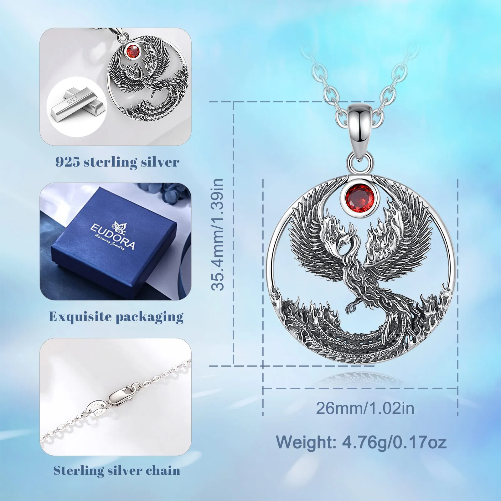 Eudora Real 925 Sterling Silver Phoenix Neckalce for Women Man Vintage Sun Phoenix Pendant