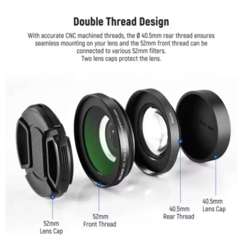 NEEWER 40.5mm HD 광각 렌즈 ( ZV-1F ZV-E10 A5000 A6000 호환), 2 in 1 18mm 광각 & 10배 매크로 추가 렌즈 어댑터