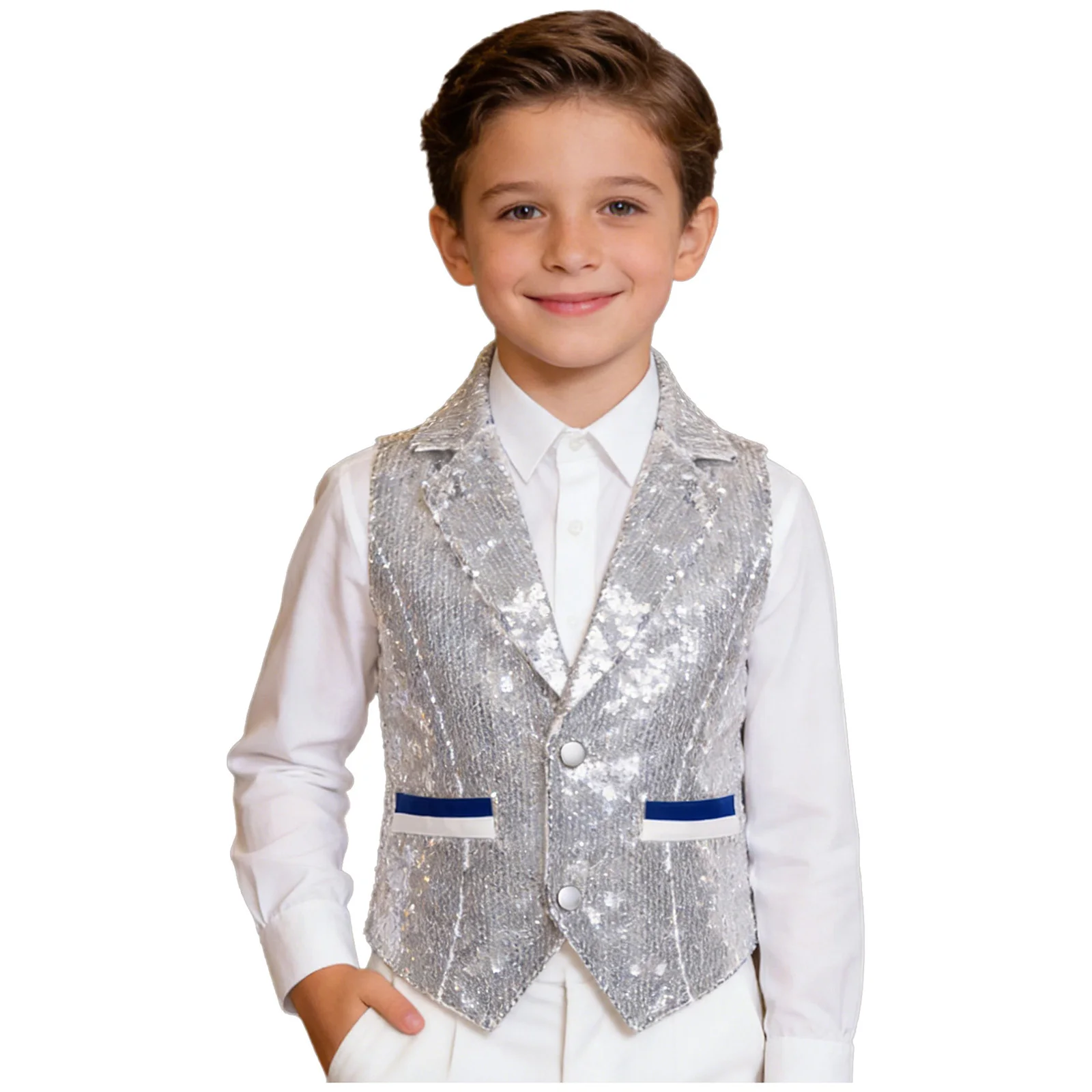 어린이 남아용 반짝이 조끼 카우보이 디스코 의상 V넥 스팽글 조끼 탱크탑 소년 결혼식 무대 공연 아동용 조끼