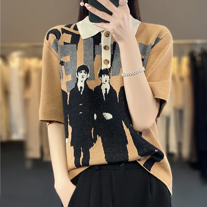 

Personalized Lapel Knit T-Shirt For Women's Summer Polo Collar Fashionable Portrait Pattern Pure Cotton Short Sleeves