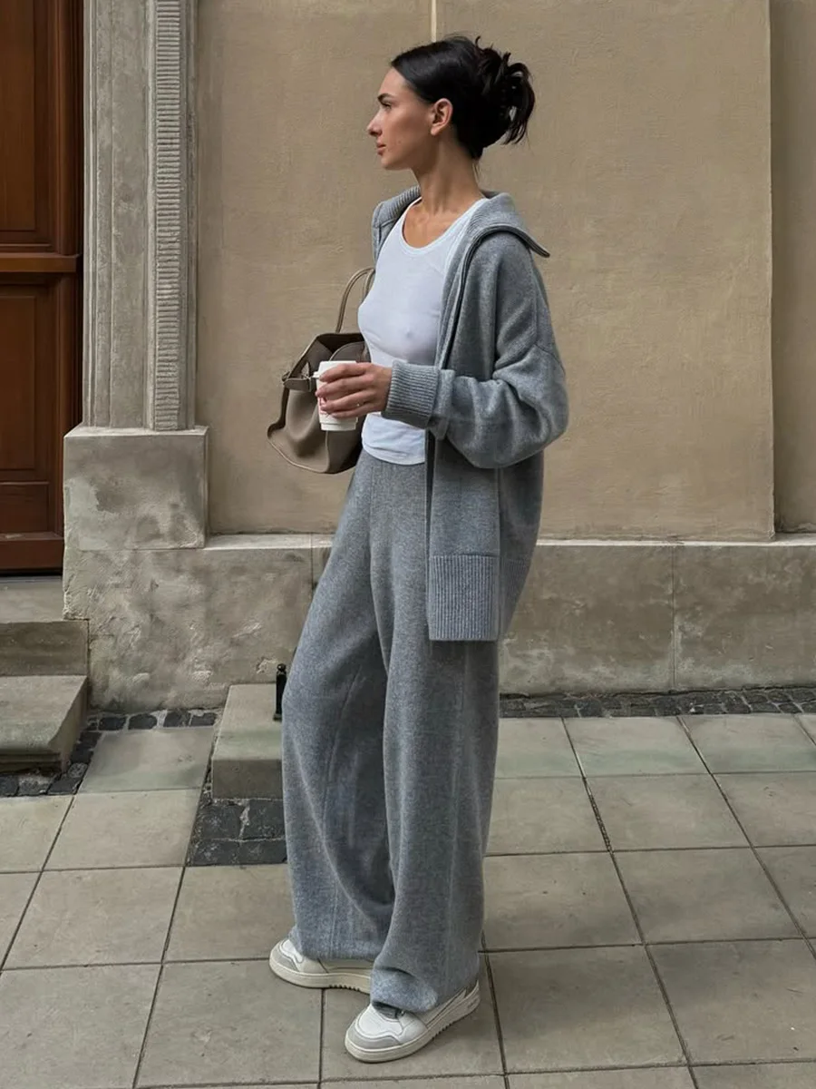 Bornladies Women's Autumn Knitted Cardigan Wide Leg Pants Set Fashion Zipper Cardigan Sweater Loose Two Piece Outfit
