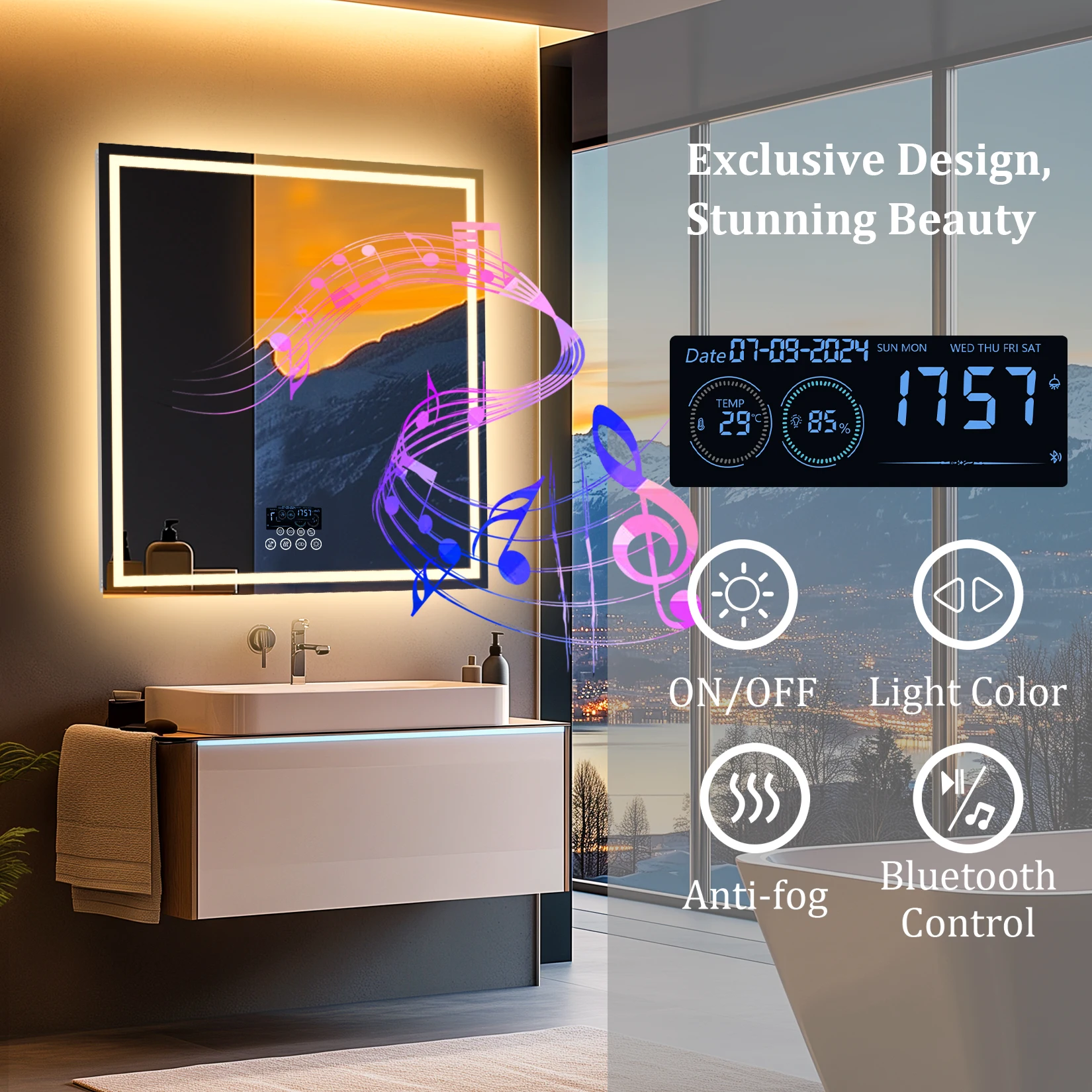 LED Bathroom Mirror 800mm Square Wall Mirror with Bluetooth Time Temperature Display 3 Colours Front+Backlit Anti-fog Memory 4