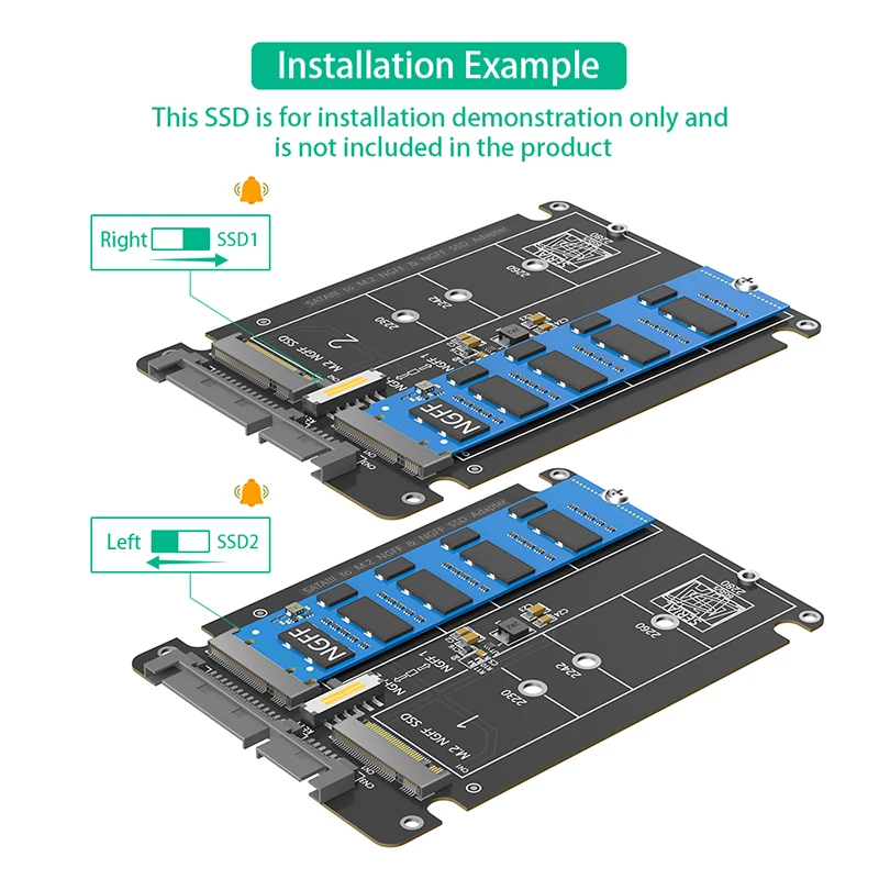 듀얼 포트 M.2 SATA 프로토콜 SSD - SATA 시리얼 포트 어댑터 보드 2x M.2 B 키 - SATA3.0 2.5인치 확장 카드 라이저 (케이스 포함)