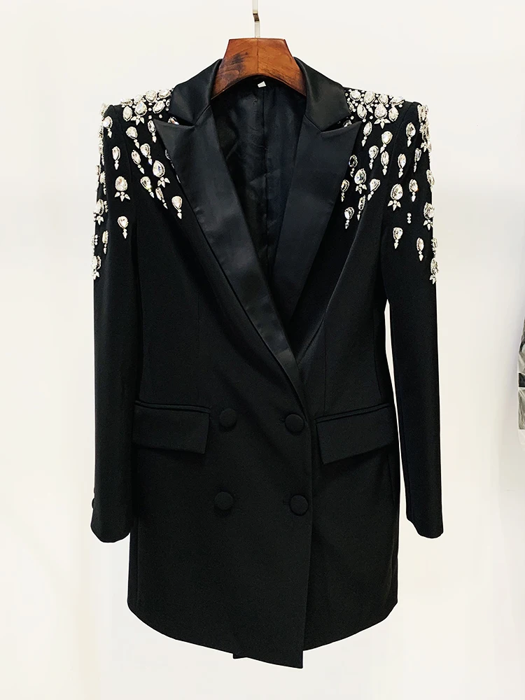 HIGH STREET New  2024 Designer Jacket Autumn Winter Fashion Women's Double Breasted Rhinestone Diamonds Beaded Long Blazer Dress