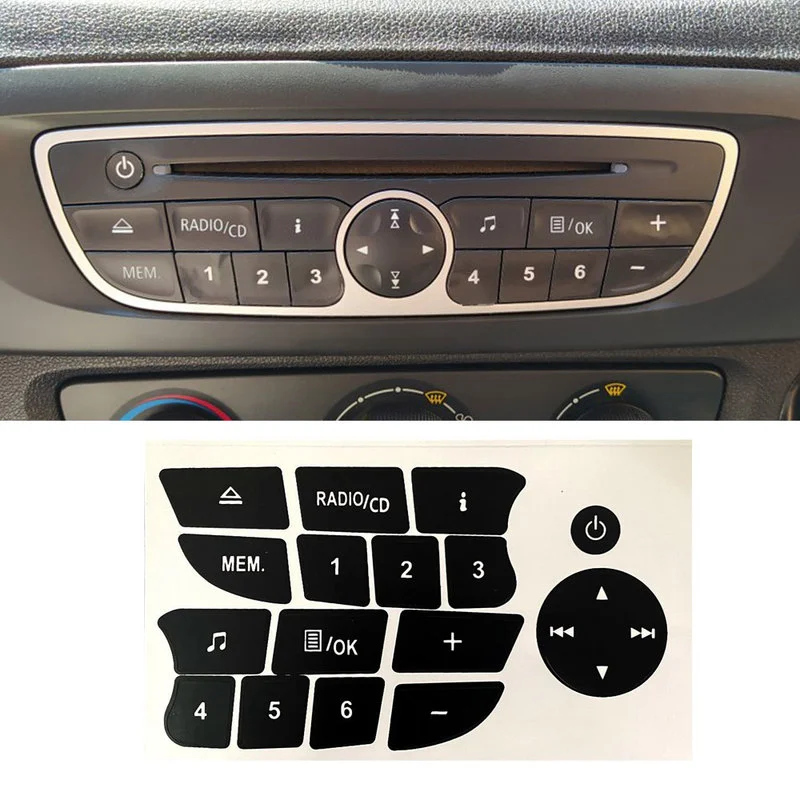 Car Button Repair Stickers For Twingo Renault Clio Megane 2009-2011 CD Radio Audio Button Repair Decals Black