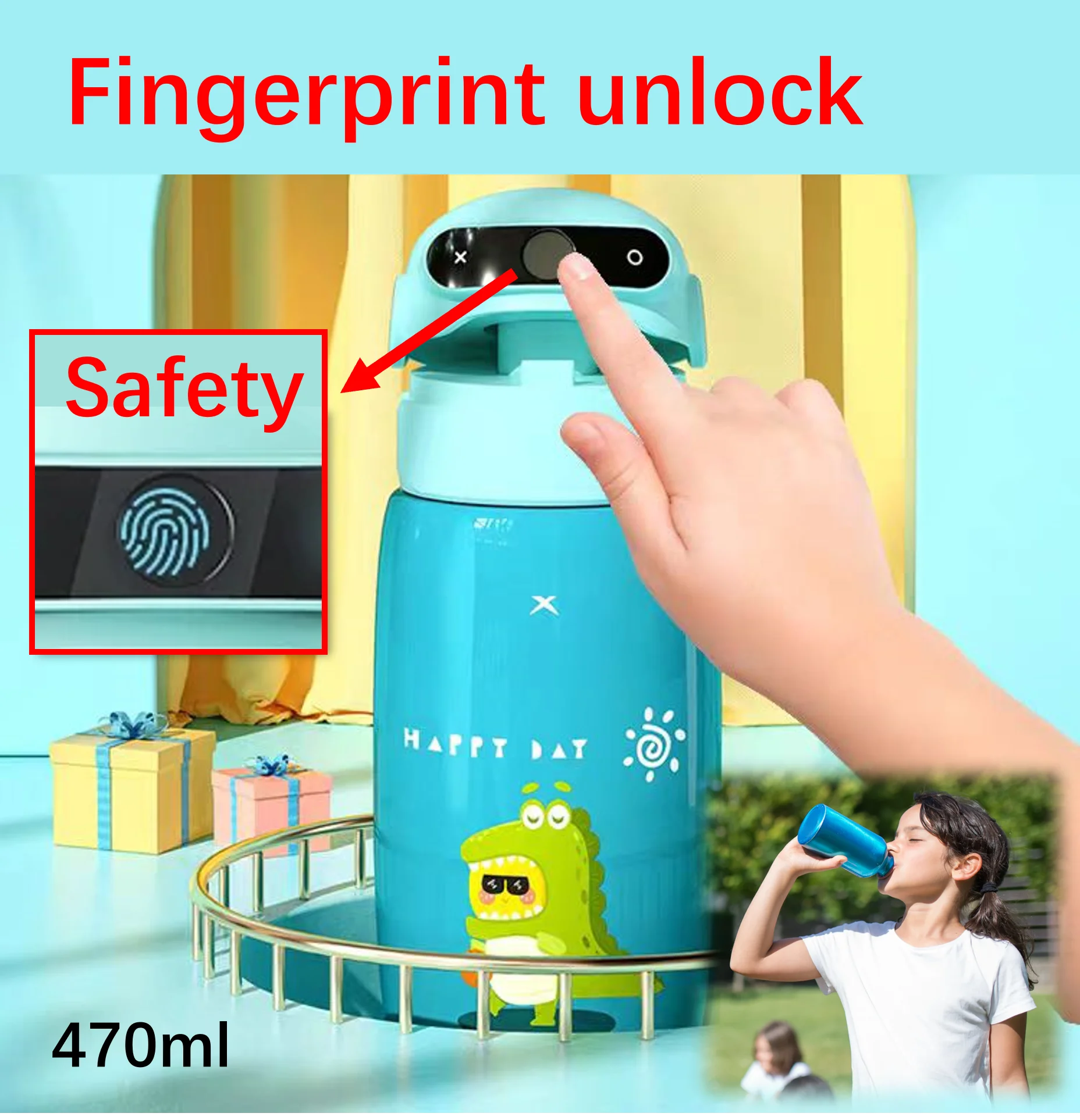 

470ml Fingerprint Password Nnlocking Vacuum Cup Safety Password Water Cup Straw Thermos Cup for Children