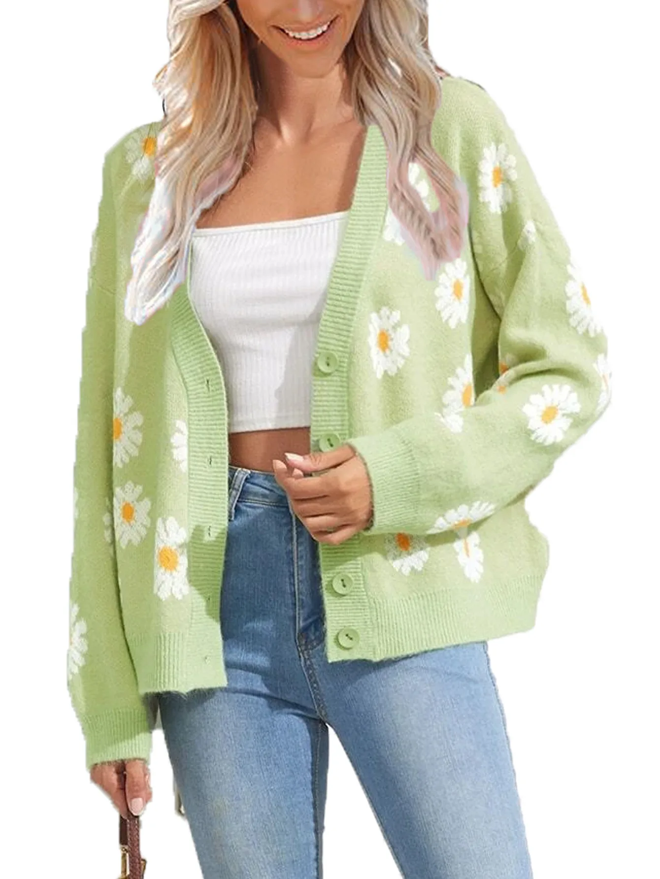 

2023 New Women's Little Daisy Knitted Cardigan Top Fashion V-neck Long Sleeved Sweater Knitwear Loose