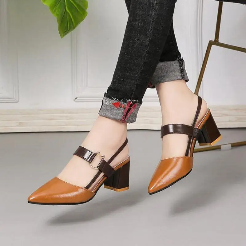 Women's High Heels Sandals Summer Pointed Toe Lady Pumps Buckle Design Shoes for Women Thick Casual Lady Fashion Sandalias
