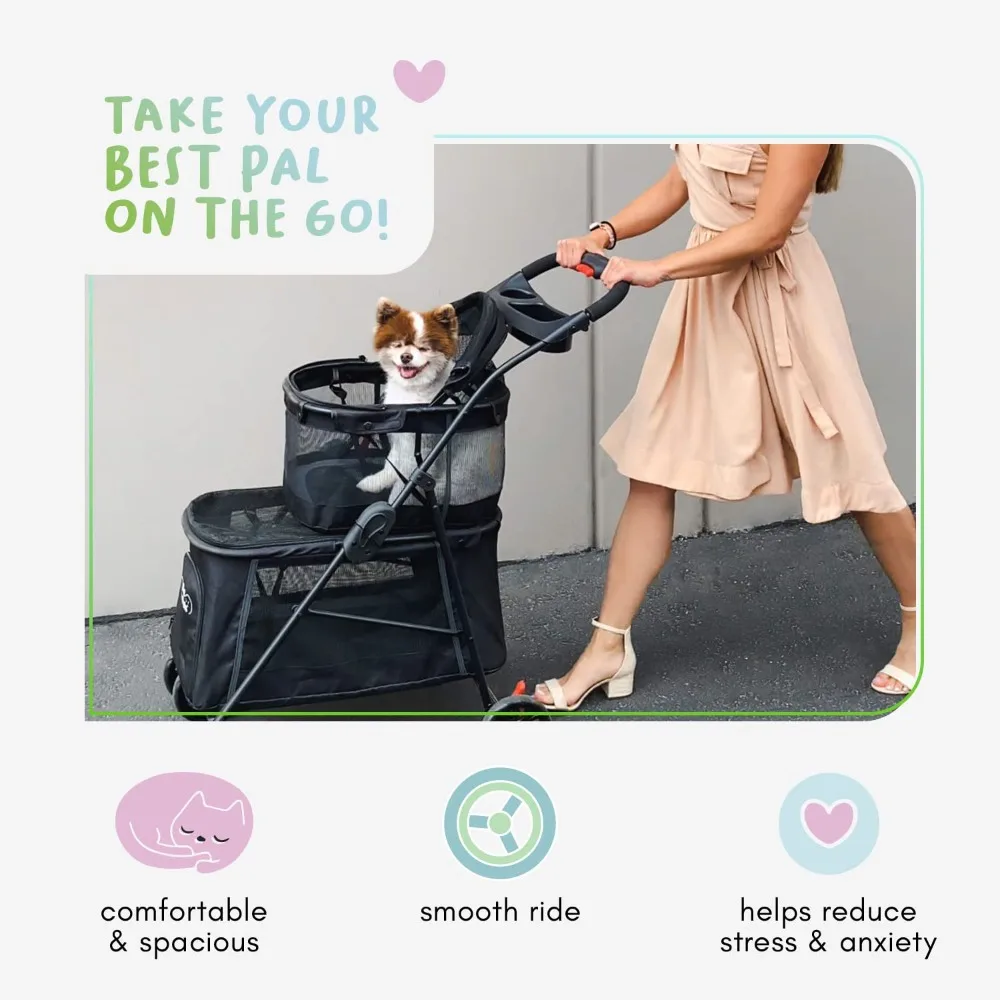 Double Decker Pet Stroller-Black: Dual Bassinets for Multiple Pets, Removable Pee Pads, Adjustable Leashes, Mesh Windows,