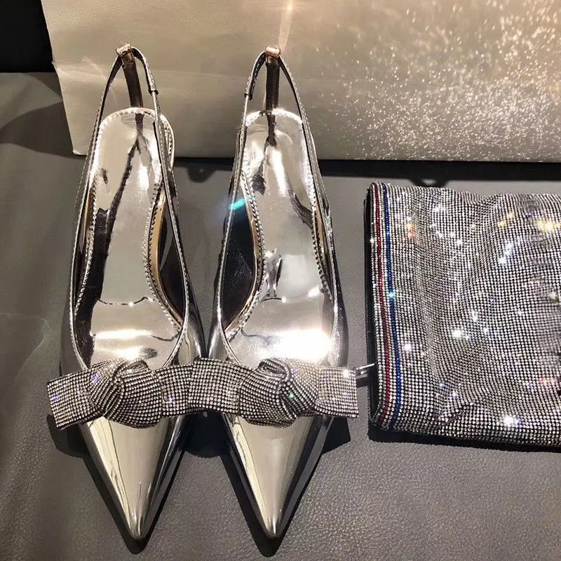 

2023 Pumps New Fashion Pointed High Heels Slim Heel Shallow Bow Rhinestone Large Lacquer Leather Silver Women's Singles