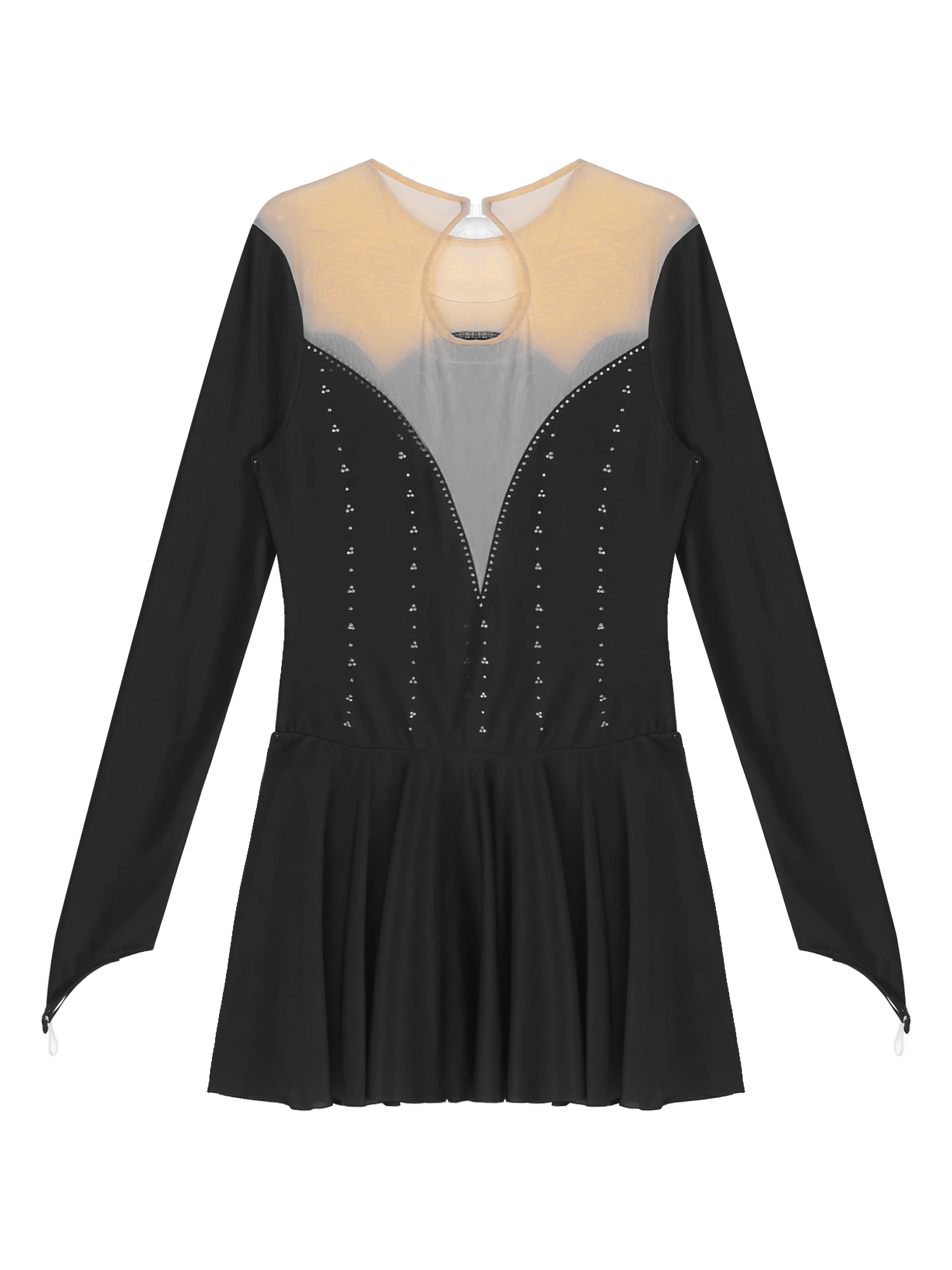 Womens Sheer Mesh Patchwork Glitter Rhinestone Dance Dress Figure Skating Costume Round Neck Long Sleeve Dresses
