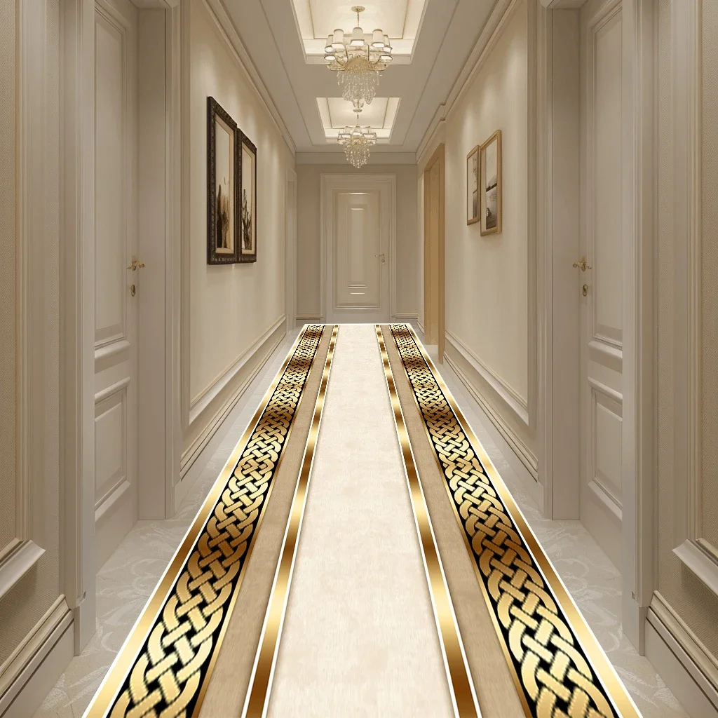 Luxury Golden Corridor Carpet Hotel Hallway Runner Decoration Rugs Living Room Aisle Customizable Non-slip Washable Floor Mat 2