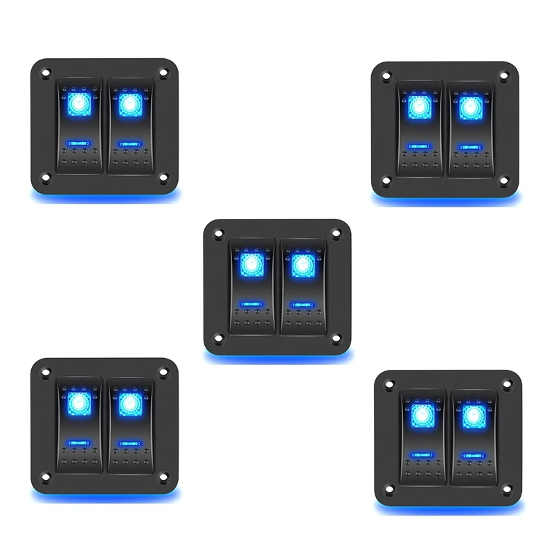 

5X 2 Gang Rocker Switch Panel 5Pin On Off Pre-Wired Rocker Switch Waterproof Switche Panel For Car Marine Trailer Blue