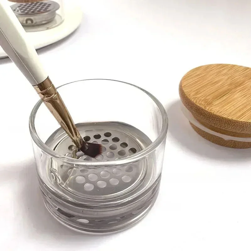1Pcs Nail Brush Washing Cup Thickened Glass Pen Washing Crystal Cup Stainless Steel Filter Phototherapy Pen Washing Tool Cleaner