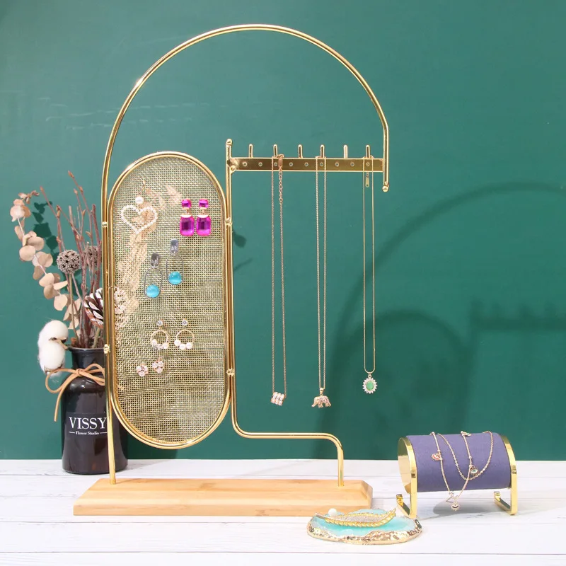 Gold Tabletop Metal Jewelry Necklace, Bracelet, Earring, Organizer with Ring Tray