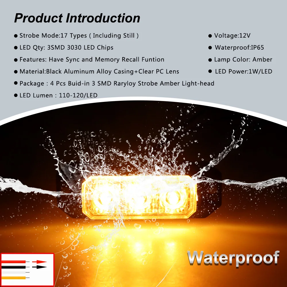 4PCS 3-LED Strobe Warning Light Mini Grille Flashing Lightbar For Car Vehicle Amber Flashing Light Emergency Hazard Beacon Lamp
