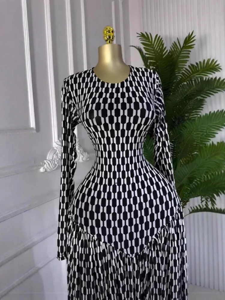 Wmstar Women Dress Wholesale Stylish Slimming Round Neck Long Sleeved Plaid Printed Long Dress Drop Shopping new style