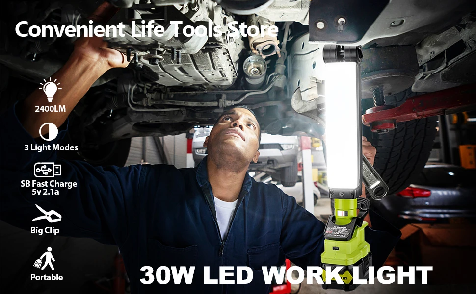 Cordless LED Work Light for Ryobi 18v Battery 30W 2400LM FloodLight Outdoor Flas