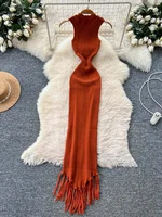 SINGREINY Vacation Tassel Knitted Dress Stretchy Bodycon Curve Solid Summer High Waist Sleeveless Sexy Beach Pencil Long Dresses