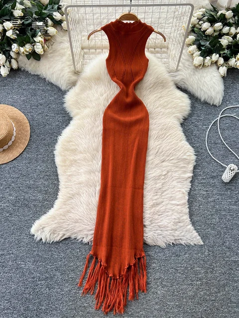 SINGREINY Vacation Tassel Knitted Dress Stretchy Bodycon Curve Solid Summer High Waist Sleeveless Sexy Beach Pencil Long Dresses