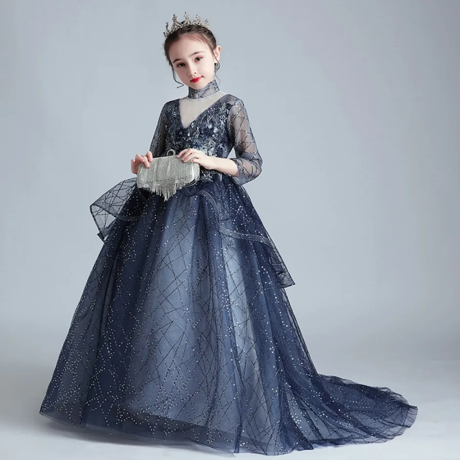 

Luxury Teenager Embroidery Floral Transparent Sleeve Prom And Gala Floor Lenthg Dress 3 To 16 Years Girls Evening Party Dresses