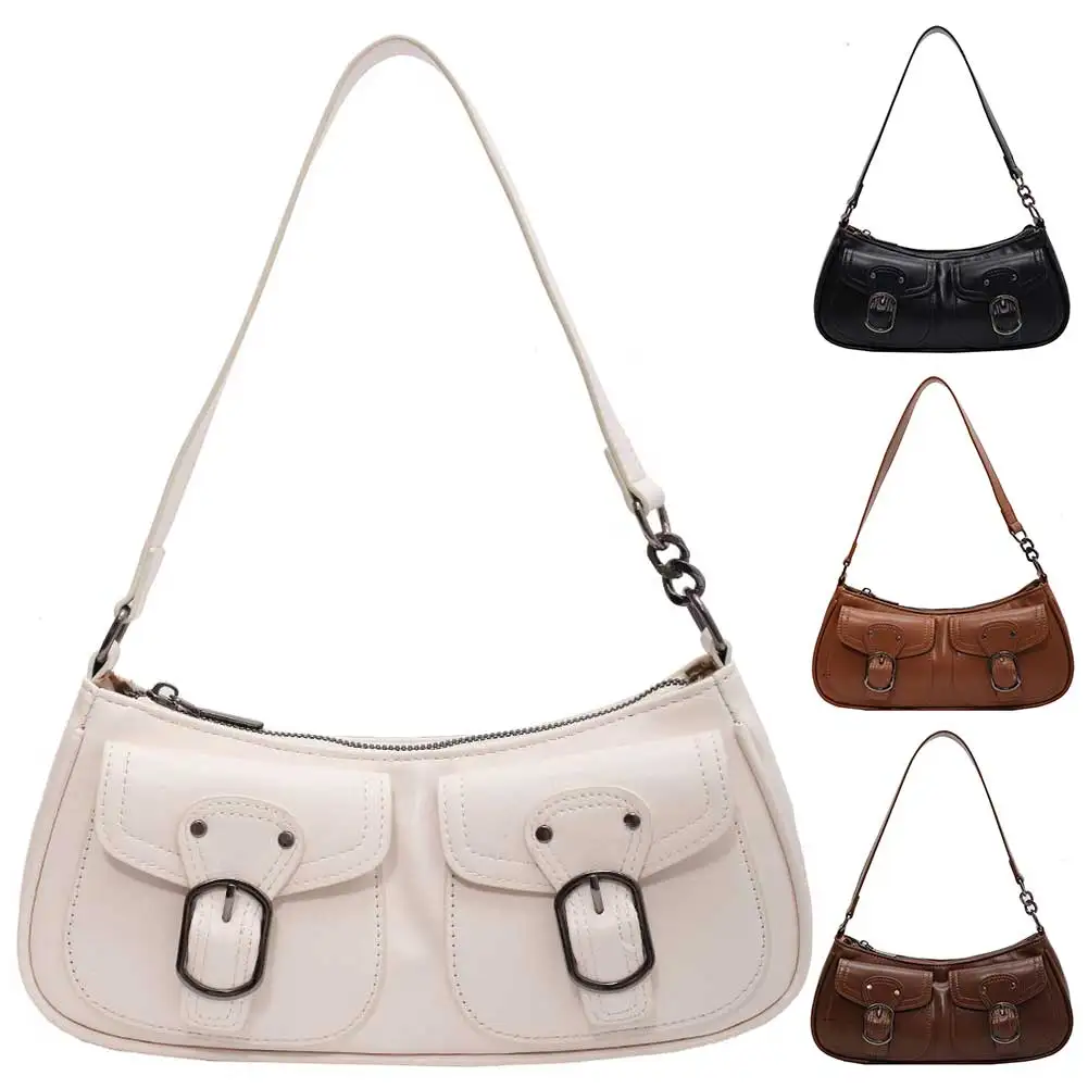 

Women Fashion Shoulder Bag Double Pockets PU Leather Simple Underarm Bag Y2K Vintage Armpit Bags Large Capacity Chic Hobo Bag