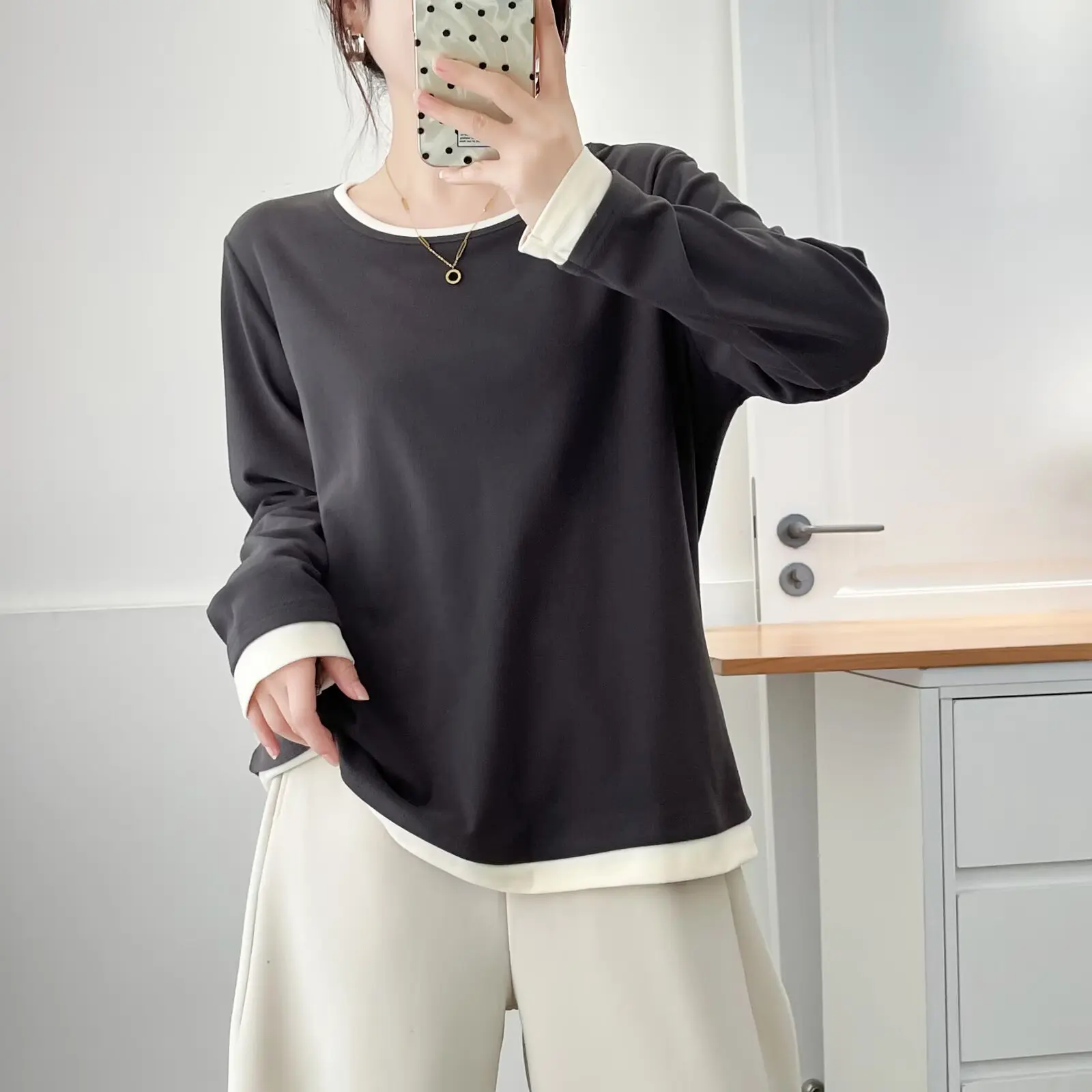 XXXXL Fashion Plus Size Women's T-Shirt 2025 Autumn Winter Casual Color Blocking Fleece Warm Long Sleeved Tops 2532