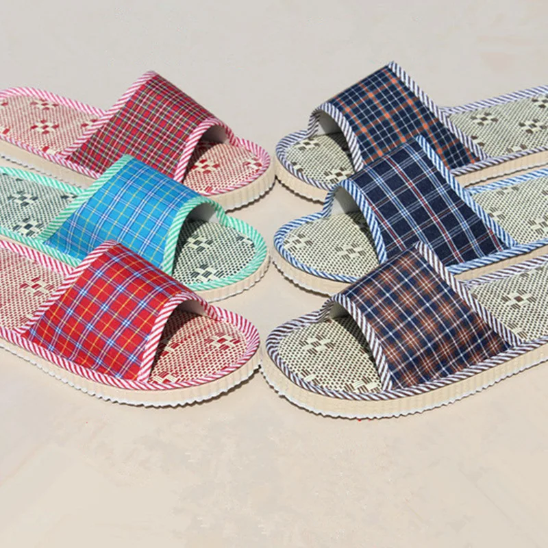 Summer Eva Soft Sole Linen Indoor Slippers For Men Women Simple Non-slip Wooden Floor Slides Comfort Plaid Home Slipper Shoes 3