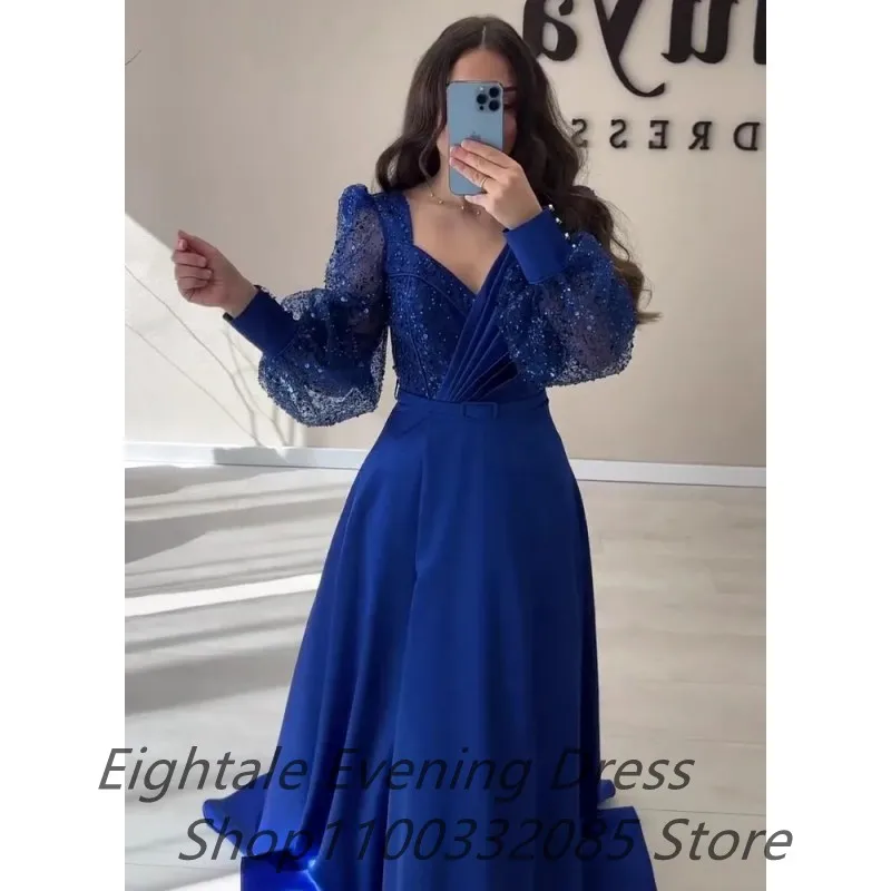 Royal Blue Plus Size A Line Evening Dress Sparkly Long Sleeve V Neck  Sequins Satin Custom Made Formal Prom Party Gown Customized - AliExpress 320