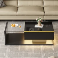 Table basse avec rangement, étagères ouvertes et LED 16 couleurs, robuste, pour le salon, verre trempé et panneaux noirs 1