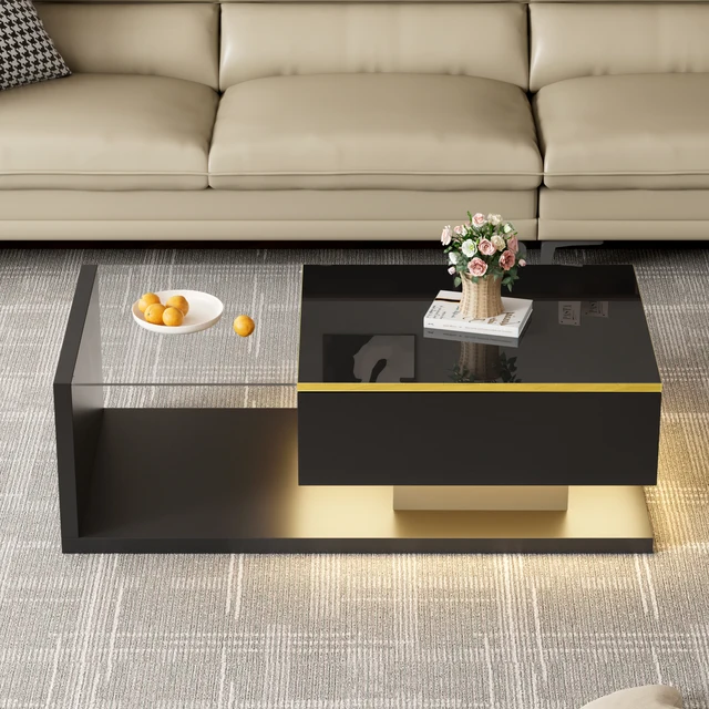 Table basse avec rangement, étagères ouvertes et LED 16 couleurs, robuste, pour le salon, verre trempé et panneaux noirs 1