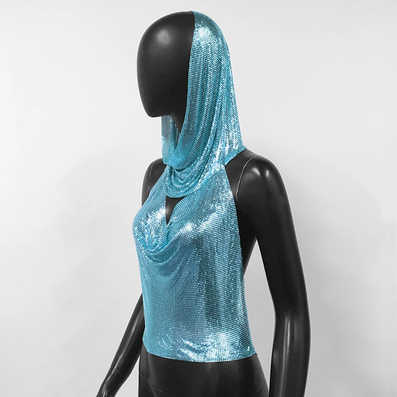 AKYZO Women's Metal Suspender Top Backless Halter Neck Sequins Tank Top Turban Nightclub Sexy Summer 2 Pcs Set 