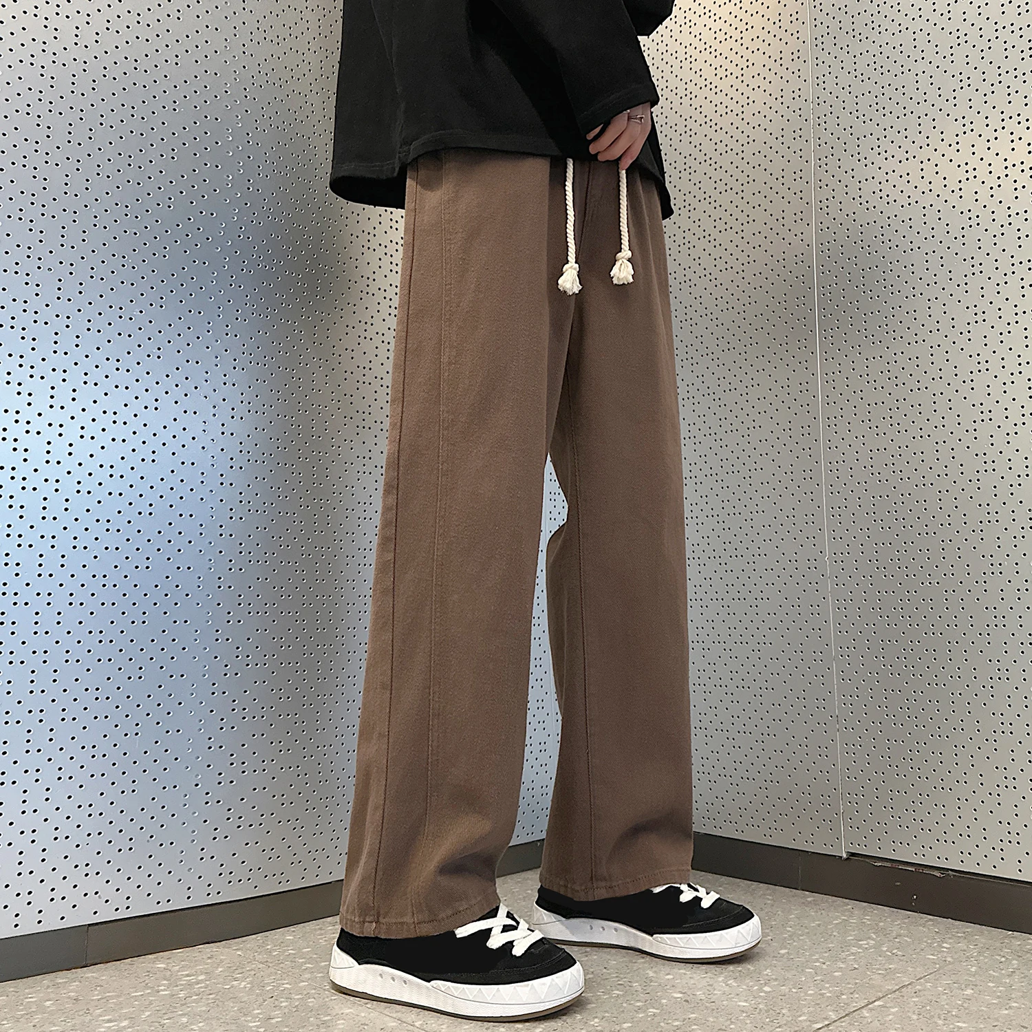 남성용 전체 길이 청바지, 단색 긴 바지, 순면, 캐주얼, 루즈, 오버사이즈, 스트레이트 레그 팬츠, 탄성 허리 바지