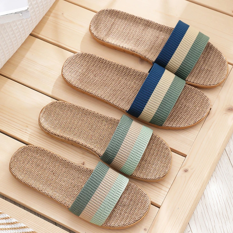

Fashion Household Slippers Flip-Flops Shoes Women Linen Slippers Beach Sandals Summer Breathable Flat Shoes Striped Sandals