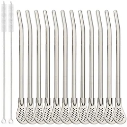 Eco - Friendly Stainless Steel Tea and Coffee Straws with Built - in Filter Spoon - Reusable and Washable Bar Accessories Set (12Pcs Silver)