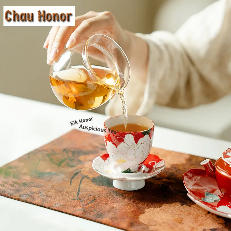 75ml Hand-painted Butterfly Peony Red Teacup Elegant Tea Bowl Cup Holder Kits Tea Tea-tasting Smelling Cup Jianzhan Master Cups