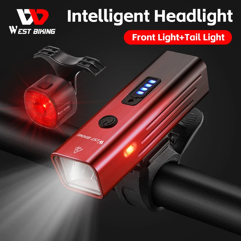 

WEST BIKING Bicycle Headlight Type-C Charging Smart Sensor Bike Light Waterproof Flashlight With Taillight Bike Accessories