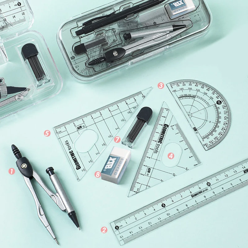 8 Piece Math Geometry Kit Sets Student Supplies Includes Rulers,Protractor,for Drafting and Drawings